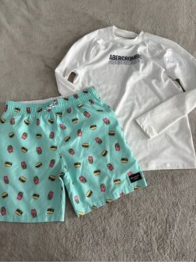 Abercrombie Boys 2-Piece Burger Fries Swim Trunk Rashguard Set Sz 13/14 Worn 1x